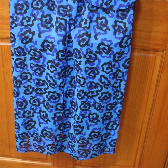 Vintage Royal Blue Black Floral Print Long Sleeve Knee Length Dress 1980s USA - Picture 11 of 15